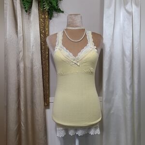 ♡ Y2K ♡ Hollister Yellow & Cream Lace Babydoll Cami Empire Waist Tank Top